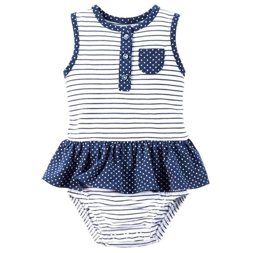 NWT CARTER'S 1-pc Stripe Henley Sunsuit w Polka-dot Ruffle Skirt Navy\White 6MO
